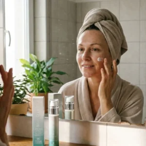 Donna adulta applica crema viso alla bava di lumaca per pelli miste