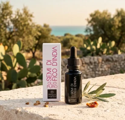 Flacone di olio di semi di fico d’India puro in vetro scuro, disposto accanto ai semi del frutto in uno sfondo naturale mediterraneo