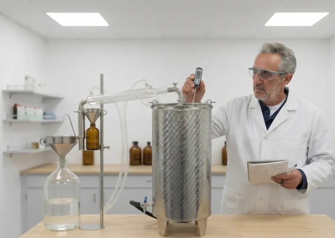 Fondatore di Prima Essenza durante il processo di distillazione di oli essenziali in laboratorio con distillatore in acciaio inox.