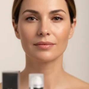 Primo piano di una donna di 40 anni con pelle visibilmente luminosa, idratata e levigata dopo l'uso della crema viso naturale alla vitamina E di Primaessenza.