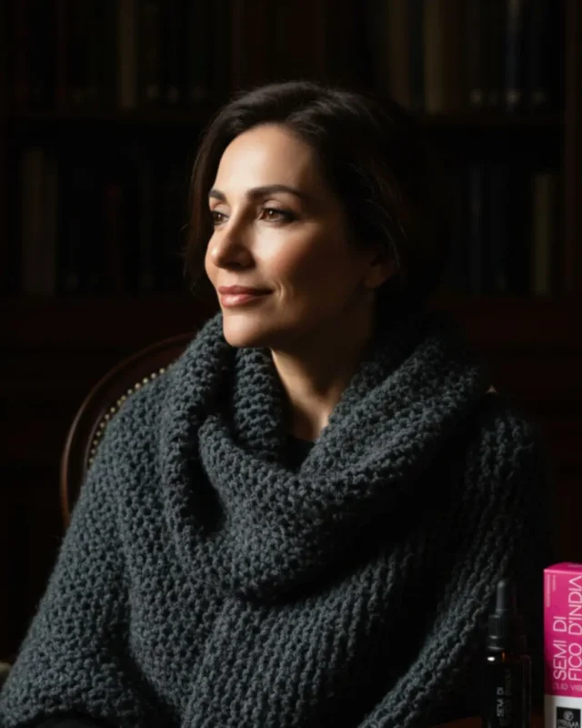 Donna elegante di circa 50 anni con capelli scuri raccolta in un momento di riflessione, seduta su una poltrona vintage in un interno scuro. Luce laterale soffusa, sfondo nero profondo. In basso a destra, flacone di olio Primaessenza con packaging bianco e oro.